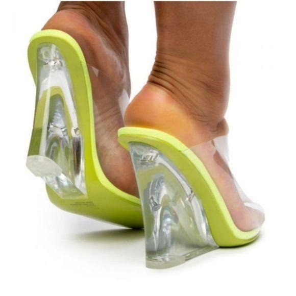 Clear Peep Toe Lucite Wedges in Lime - Picture 8 of 9